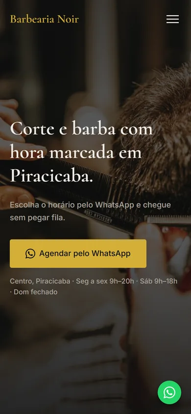 A mesma página no celular, com o botão Agendar pelo WhatsApp.