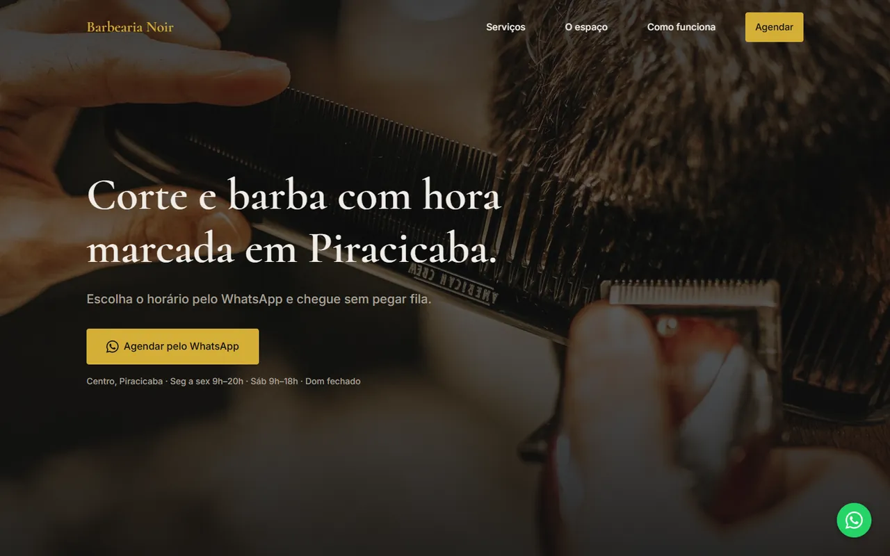 Página da Barbearia Noir no computador: foto de um corte de cabelo e o título Corte e barba com hora marcada em Piracicaba.