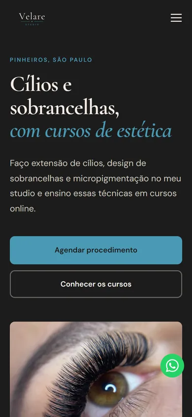 A mesma página no celular, com os botões Agendar procedimento e Conhecer os cursos.