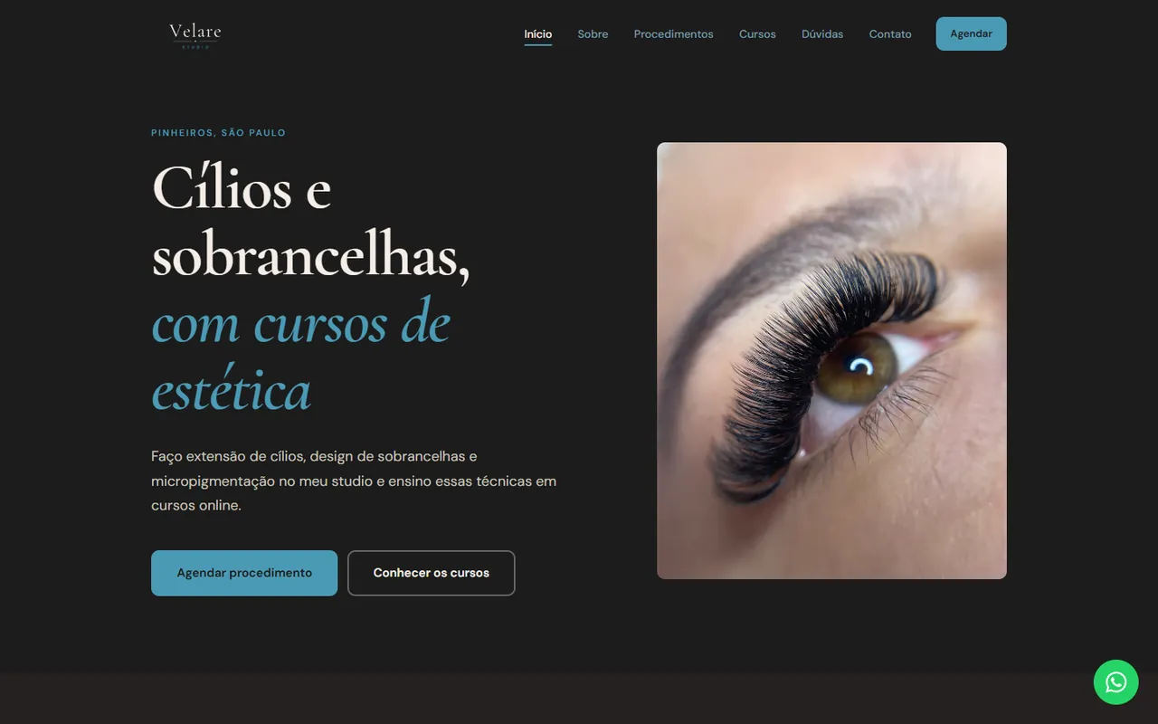 Página inicial do Velare Studio no computador: fundo escuro, título Cílios e sobrancelhas, com cursos de estética, e foto de um olho com extensão de cílios.